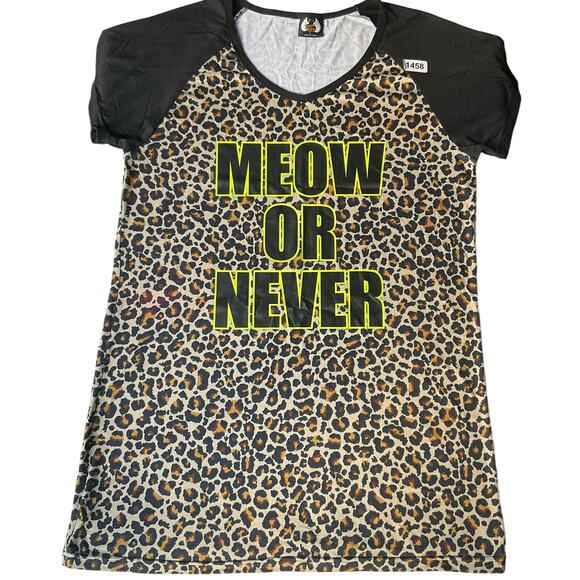 Forever Spoiled Women Short Sleeve T-shirt size L, Leopard Brown, Meow Or Never - Picture 1 of 9
